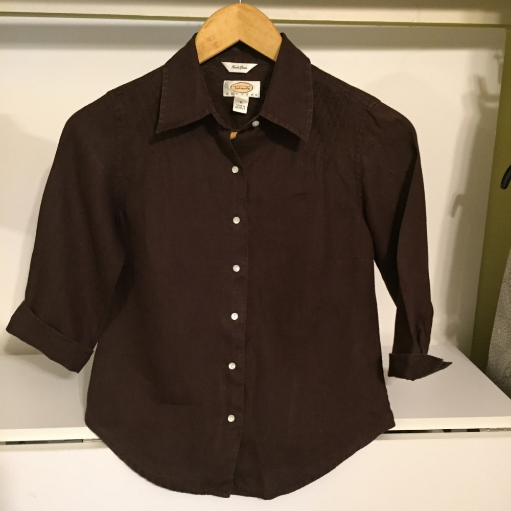 Talbots Dk. Brown Blouse 3/4 sleeve Linen Small P